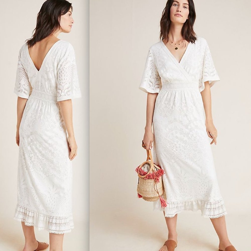 FARM Rio White Eyelet Midi Wrap Dress